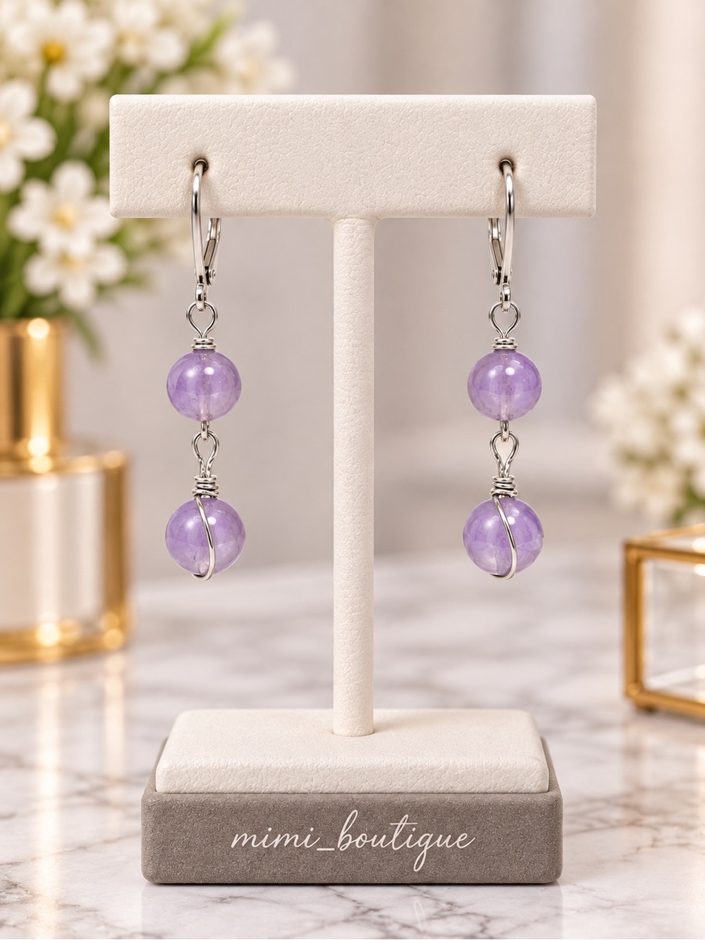 Amethyst Beaded Silver Drop Earrings